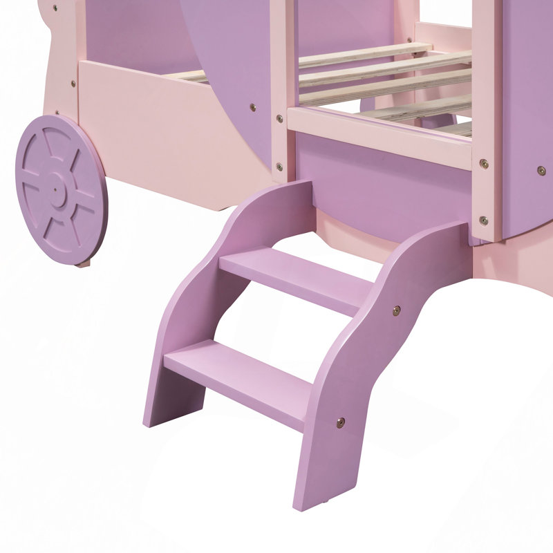 Lit de voiture avec couronne Princess, lit plateforme en bois avec escalier, Rose