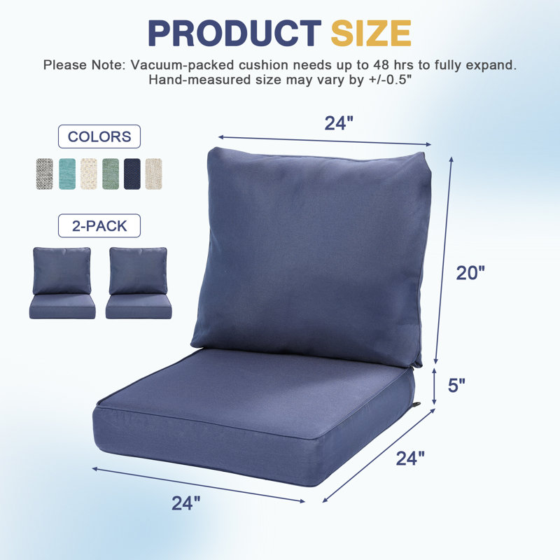  Outdoor Seat/Back Cushion Set of 2, 24" W x 24" D, Navy Blue