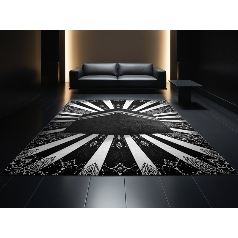 Machine Washable Paublo Mecca Kaaba Classic Oriental Rug in Gray – Black Binding, 7x9