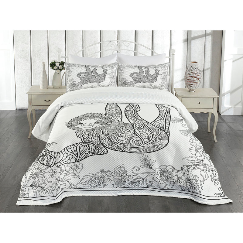 Ambesonne Sloth Bedspread Set Outline Drawing Jungle Black White, Queen Bedspread + 2 Standard Shams