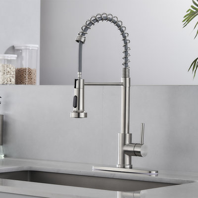 W1Cf265Cl-BS Brushed Stainless Steel Pull-Down Kitchen Faucet With Anti-Kink Gravity Ball Sprayer All SUS304 Body/Handle/Pipe, Easy Install & 10" Cover Plate