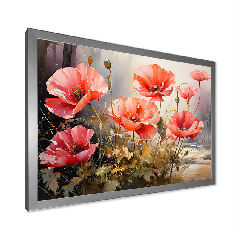 «Red and Green Poppy Reverie III», art mural coquelicots, Cadre de coin argenté fermé, H 24 po x l 32 po x P 1 po
