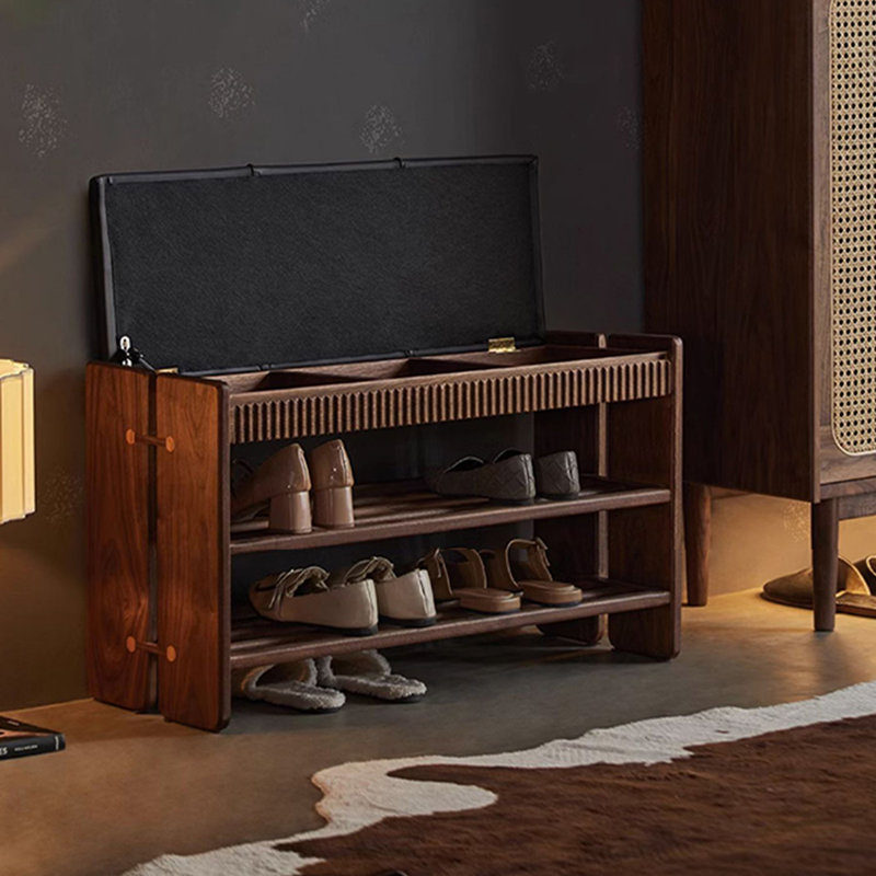 Étagère à chaussures rétro en noyer noir à deux couches pour rangement et banc à langer