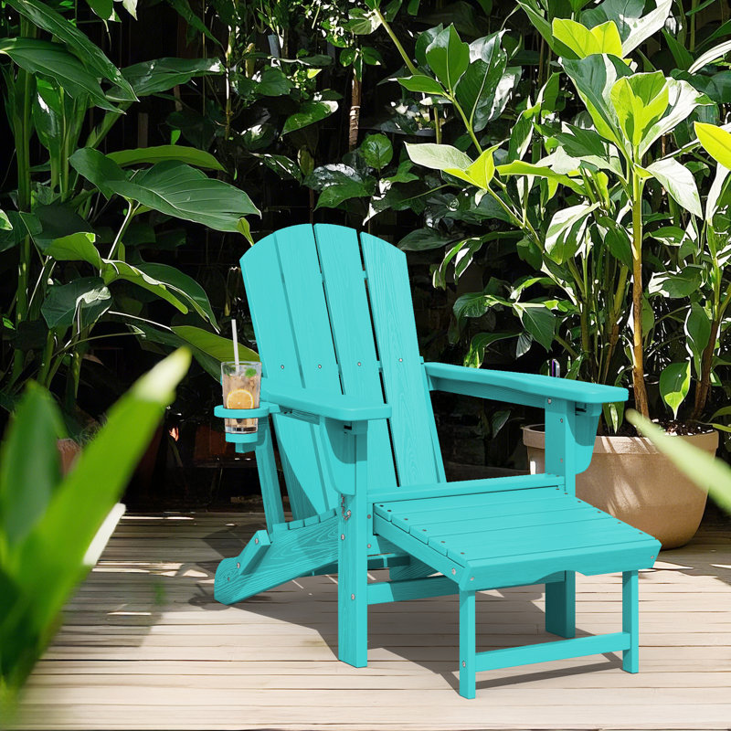 HDPE Foldable Adjustable Outdoor Adirondack Chair With Ottoman and Double Cup Holder, Blue