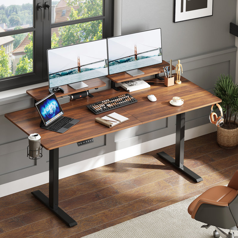Height Adjustable Standing Desk With Monitor Stand and 2 Adjustable Monitor Shelves, White/White, 46" H x 63" W x 24" D