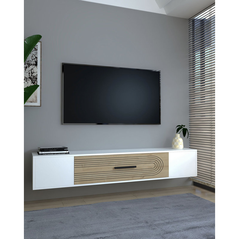 Meuble télé, Blanc/naturel, H 33,2 po x l 150 po x P 29,6 po
