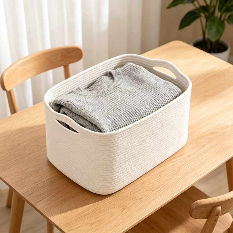 Woven Cotton Rope Storage Basket, Foldable Organizer Bin For Home, Nursery, And Office, Multi-Purpose Decorative Storage Solution With Handles