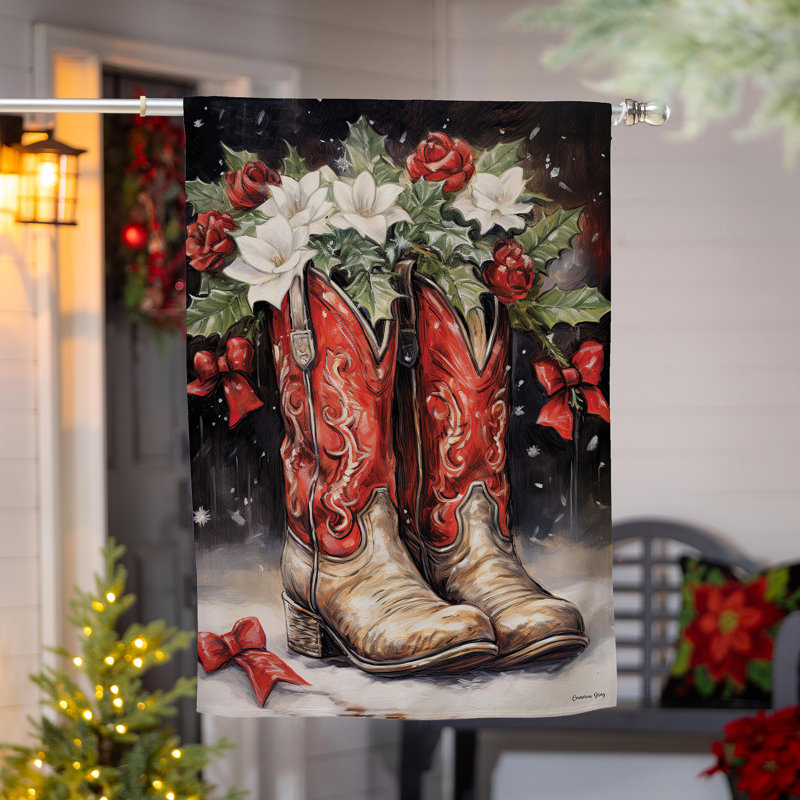 Drapeau de maison rouge en bottes de cowboy de Noël en suède