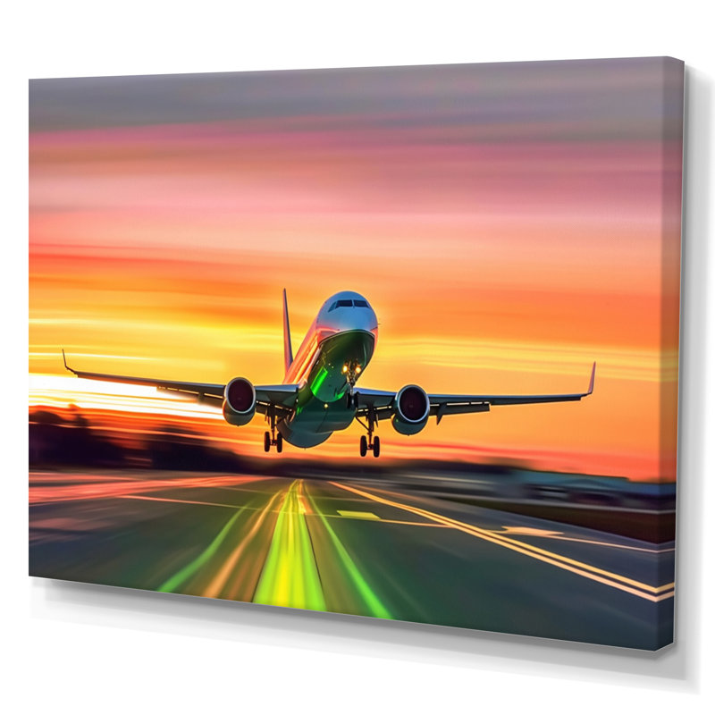 Coucher de soleil sur l'avion sur le tarmac II - Avion, art mural sur toile, H 30 po x l 40 po, Toile tendue