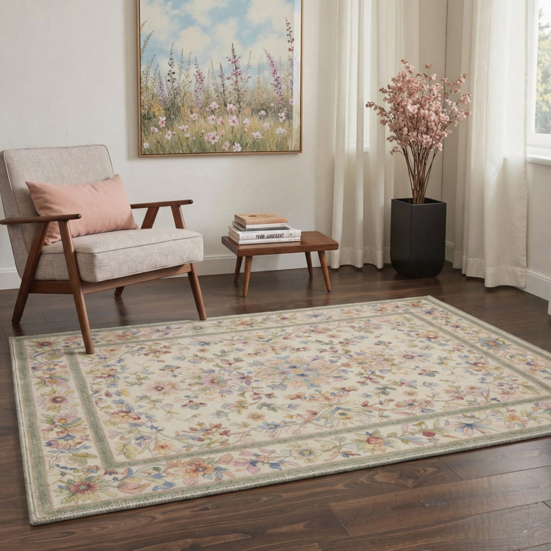 Allsop Aura Floral Machine Washable Blue / Pink / Green / Beige Indoor Area Rug with Non-Slip Backing, Rectangle 5' x 7'