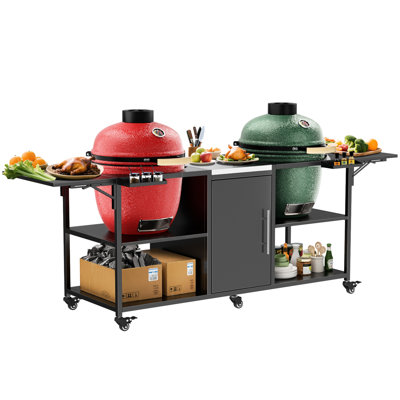 Chariot de barbecue extérieur compatible avec deux gros œufs, 18 pouces et autres modèles similaires - table en métal noir argenté, 109,24 lb, 35,18 po de hauteur, 25,36 po de largeur, 102,57 po de profondeur, 6 roues, 4 verrouillables, intégrée