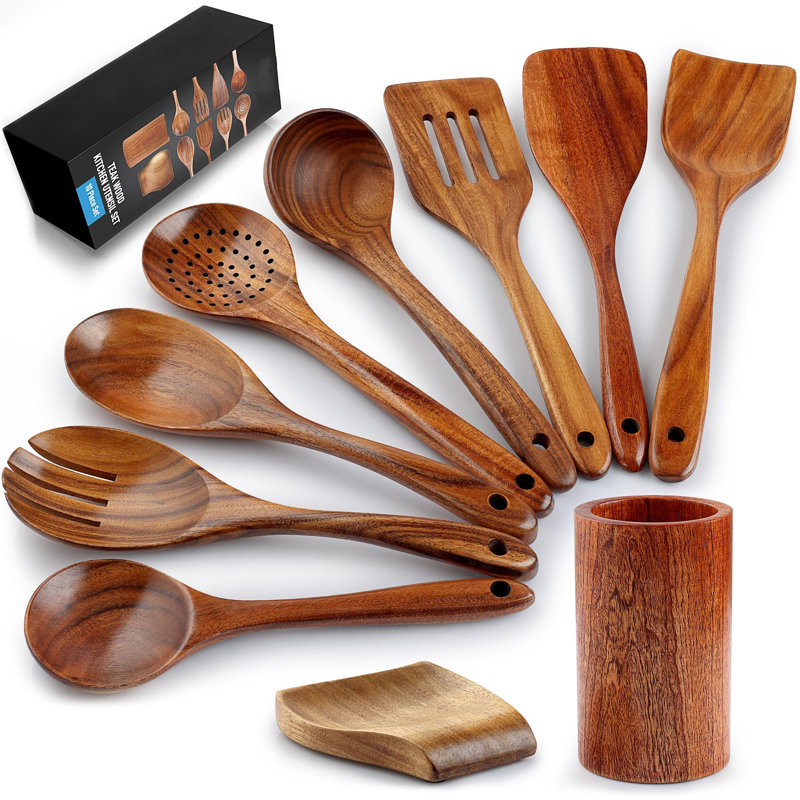 Teak Wood 10-Piece Cooking Utensil Set with Holder