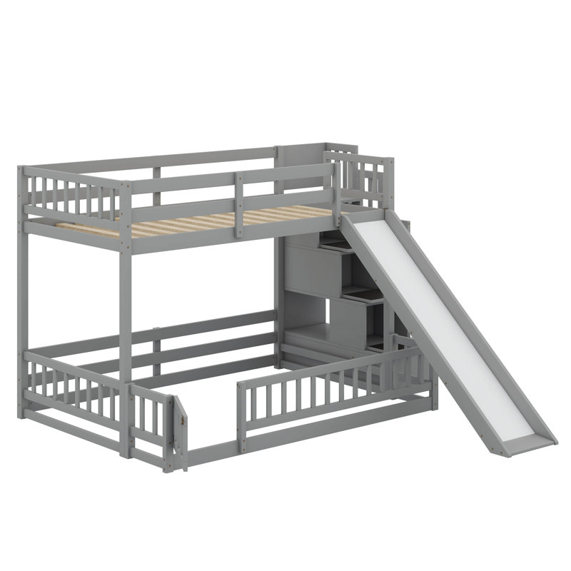 Twin Over Full Solid Pine Wood Bunk Bed – Slide, Storage Staircase & Safety Guardrails, Gray