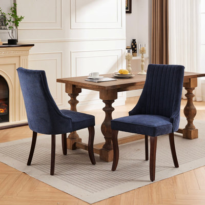 Linen Upholstered Dining Chairs In Blue, Of 2, American Traditional Style, Rayon Cloth , Curved Solid Rubberwood Legs, High For Comfortable Back Support, Triple Elastic Structure With Steel Springs