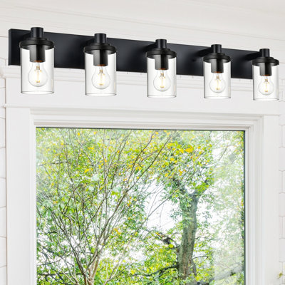Appliques murales de salle de bain 5 lumières, luminaires de salle de bain noirs sur miroir avec appliques murales à abat-jour en verre transparent pour armoire de couloir