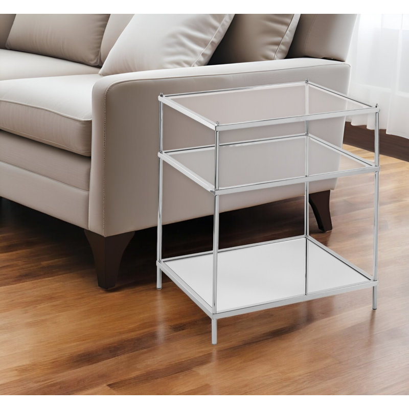 Imelida 27" Clear Glass And Iron End Table With Mirrored Shelf, Silver