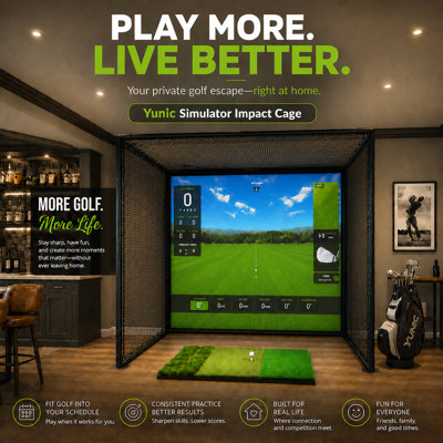 YUNIC Golf Driving Cage with Simulator Impact Screen, Metal Frame & Hitting Mat for Indoor Office, Home & Garage Training - Clear Impact Screen