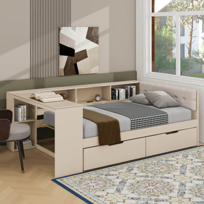 Platform Bed With Drawers, Storage Shelves, Charging Station And Upholstered Headboard