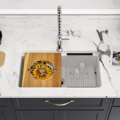 33" L x 19" W Large Single Bowl White Firecly Undermount/Drop-In Kitchen Sink with Ledge Workstation and Accessories