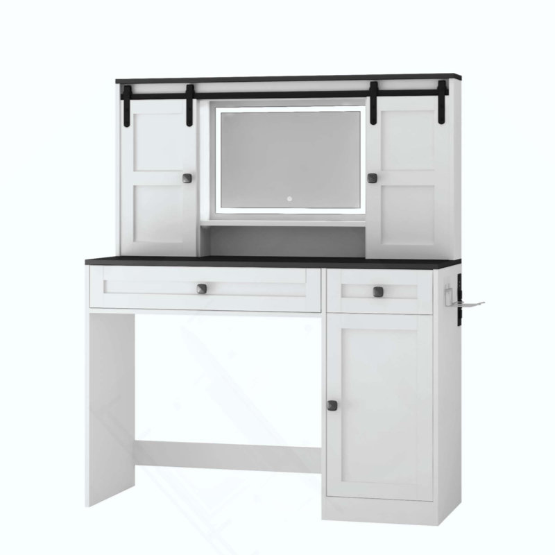 Table de maquillage Farmhouse, coiffeuse avec miroir éclairé et tiroir de maquillage, grande coiffeuse moderne avec porte-séchoir pour chambre à coucher