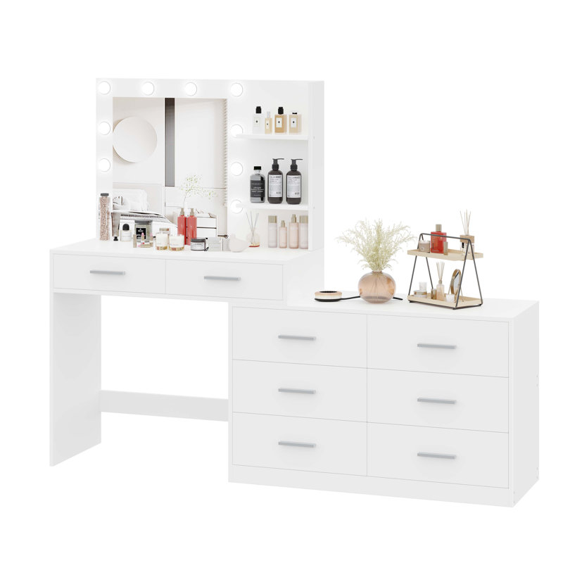Jaisen 65"W Makeup Vanity Desk with Mirror and 3-Color Lights, 8 Drawers Vanity Table with Storage Shelf, White