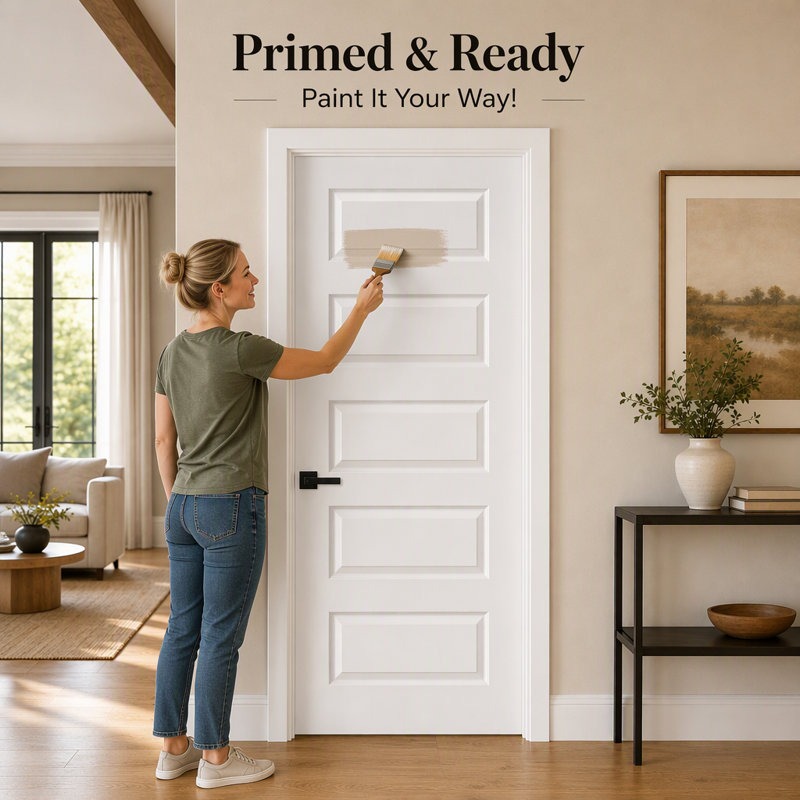 Dalle de porte intérieure blanche en bois moulé 5 panneaux, 18" x 80", Right (with keyhole and hinge holes)