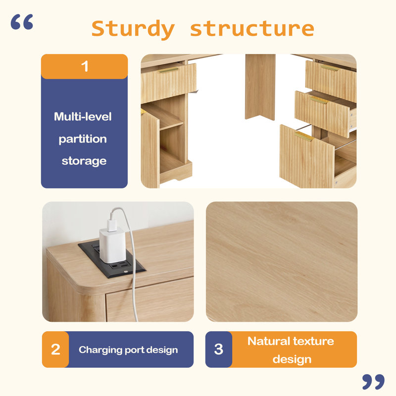 Bureau en L 59 po cannelé moderne avec station de charge et armoire de rangement - bureau d'ordinateur personnel avec support pour moniteur, tiroir classeur et tablette de support amovible pour bureau