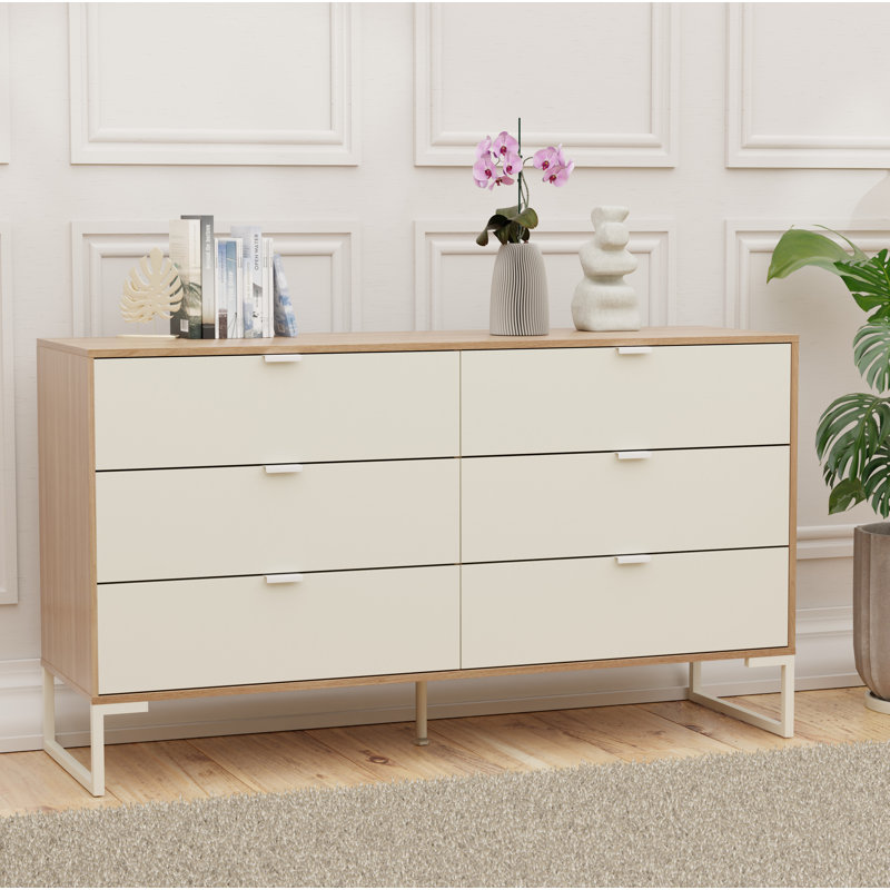 Collins Modern 6-Drawer Dresser for Bedroom, 57"W Storage Chest with Metal Slides, Light Brown/Cream