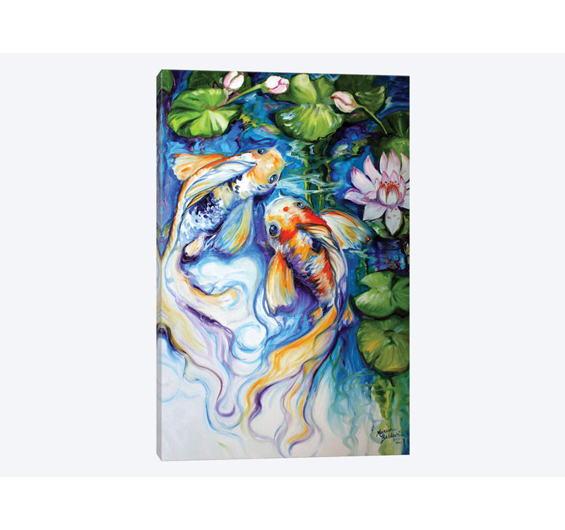 «Koi Koi and Lily», reproduction de peinture à l'aquarelle sur toile, H 12 po x l 8 po x P 0,75 po