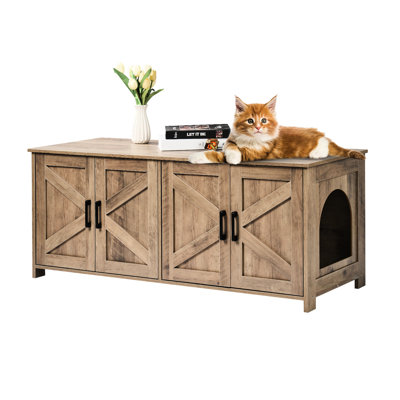 Litière cachée pour chat, mesurant 47,2 x 18,5 x 19,7 po, quatre portes et deux fenêtres, une clôture en grège de haute qualité, une conception simple et moderne, un espace de repos confortable pour les animaux de compagnie, une étable