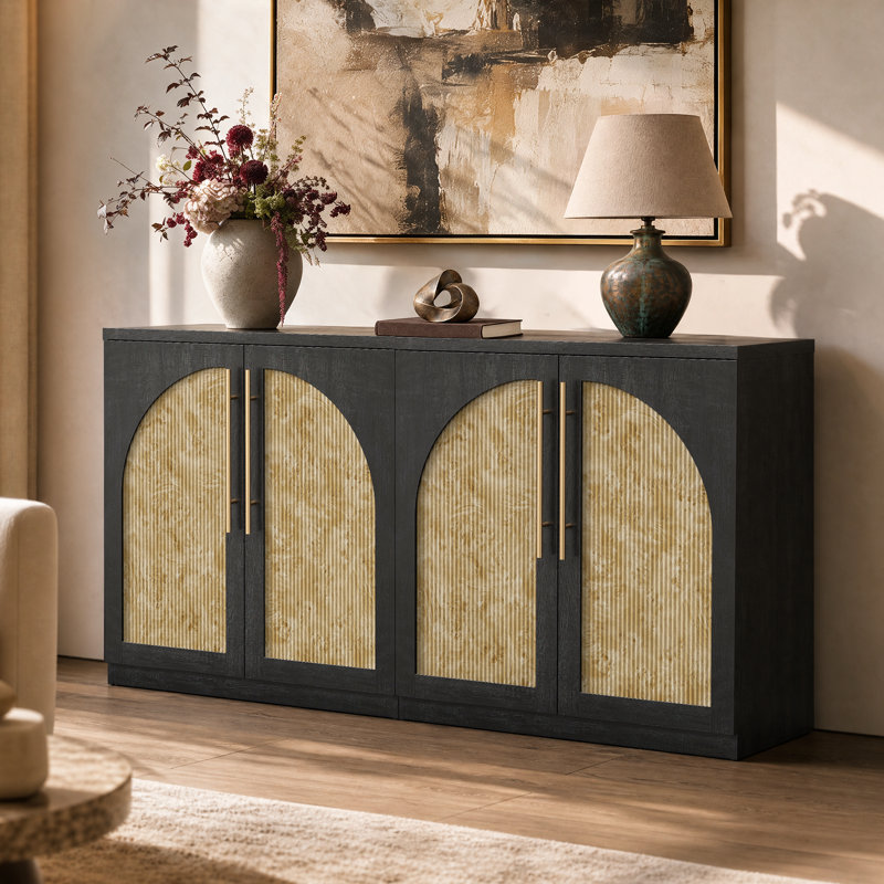 Ensemble de 6 meubles de rangement modernes arqués et cannelés de 62,2 pouces, buffet modulaire avec poignées dorées, étagères réglables et charnières à fermeture douce
