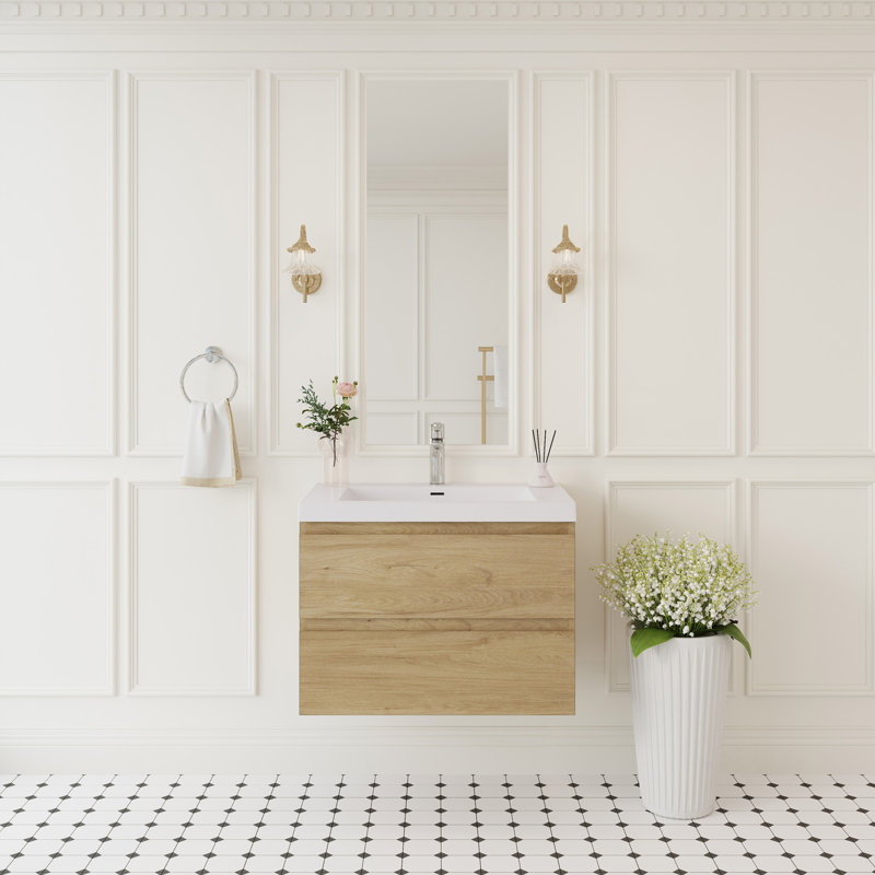 Meuble-lavabo mural de 30 po avec lavabo, meuble de rangement mural avec cuve à surface solide et tiroirs à fermeture en douceur entièrement assemblés, chêne naturel