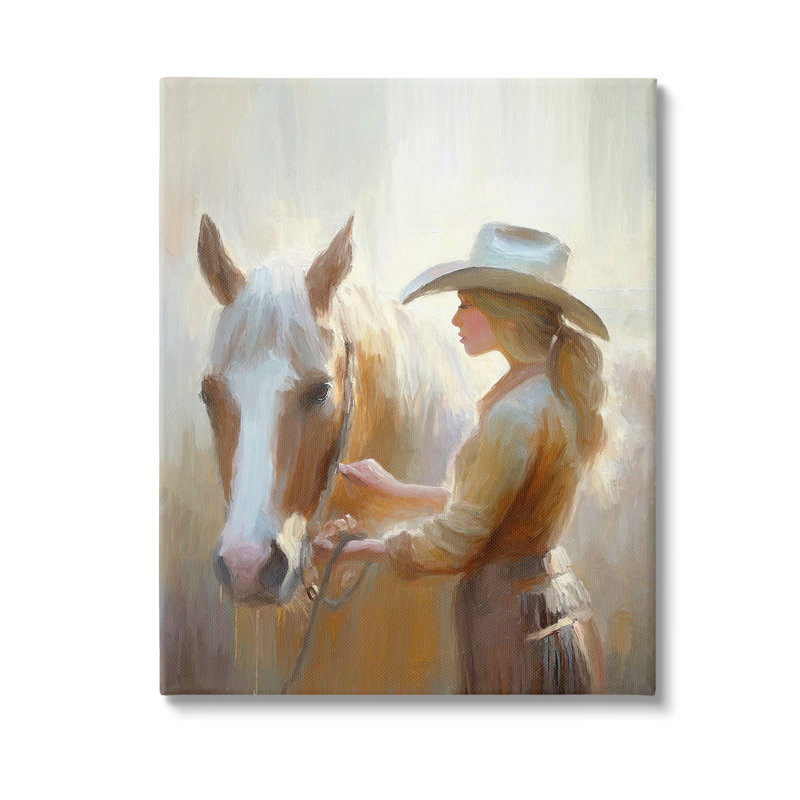 «Sunlit Cowgirl And Horse» par Ramona Murdock sur toile, H 30 po x l 24 po