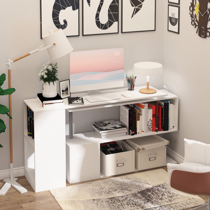 Bureau d'ordinateur en coin avec tablettes de rangement à 3 niveaux