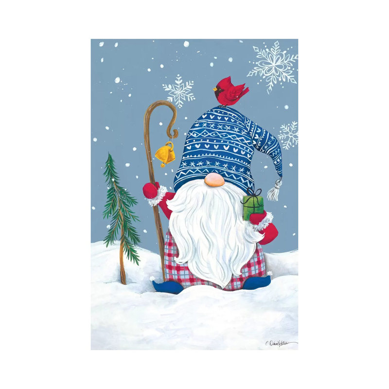 Snowy Gnome With Present by Diane Kater - Print on Canvas, Wrapped Canvas, 30.48 cm H x 45.72 cm W