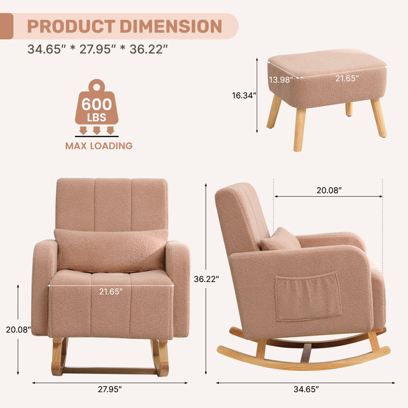 Upholstered Teddy Rocking Chair And Ottoman Ensemble, Coffee