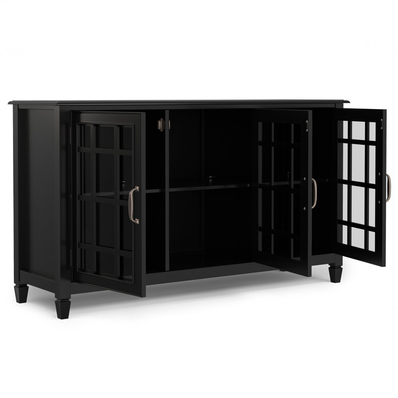 Connaught 60"W Solid Wood Traditional Wide Sideboard Buffet Storage Cabinet with Glass Doors and Adjustable Shelves, Black