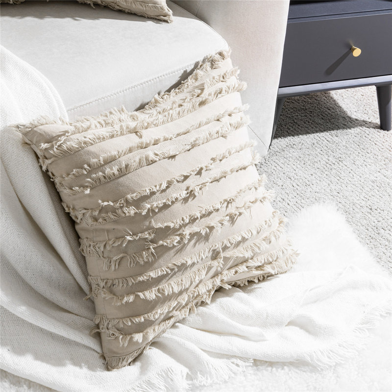 Tassels Reversible Pillow Cover, Khaki, 16" H x16" W