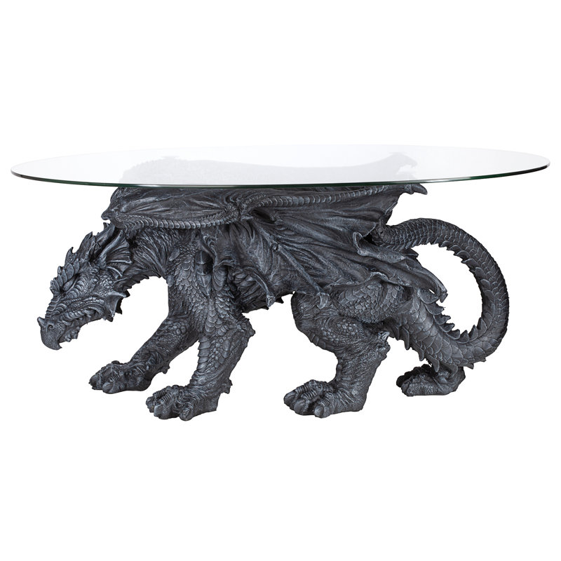 Oval Glass Outdoor Coffee Table with Dragon Design
