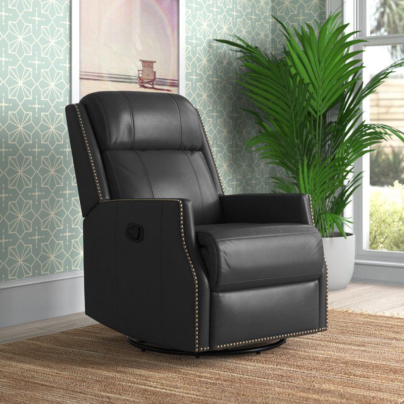 Elimelec Genuine Leather Manual Swivel Recliner, Beige