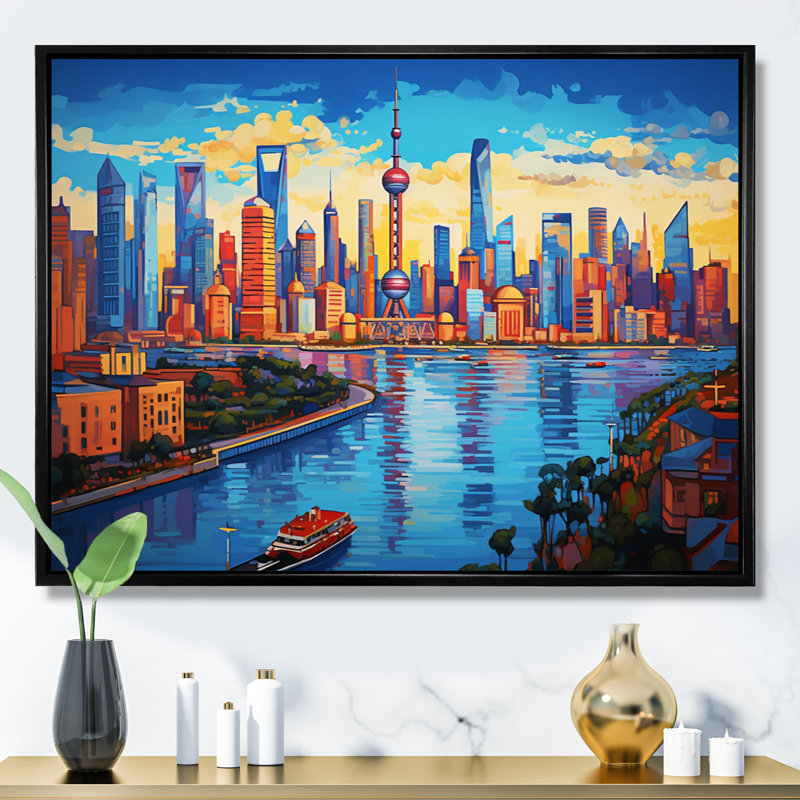 Colourful City Shanghai Popart, reproduction d'art sur toile, Cadre flottant doré, H 34 po x l 44 po x P 1,5 po