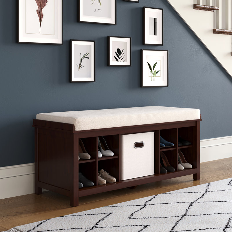 Banc d'entrée en bois massif avec diviseurs de chaussures et 1 bac John John Home, Espresso