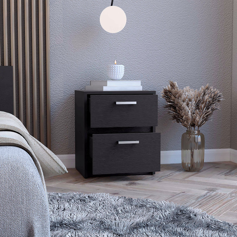 2 Drawers Nightstand, End Table, Side Table Metal Handles -Black, Black