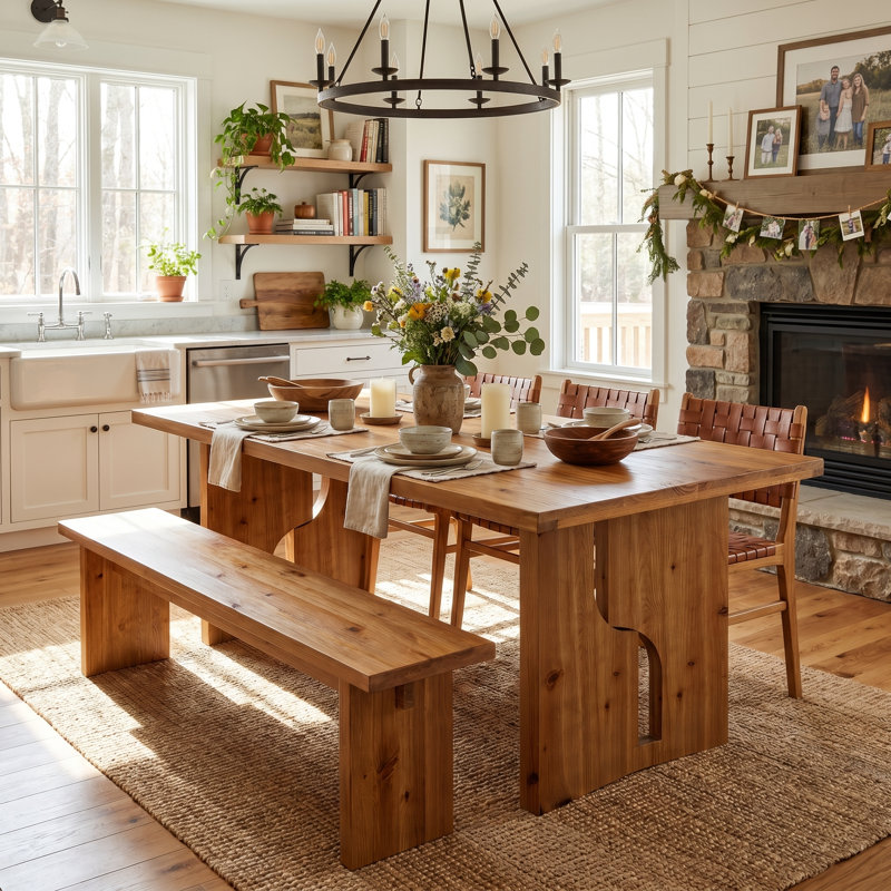 62.99" Solid Wood Dining Table With Cutout Bases, Farmhouse Rectangle Kitchen Table For 4-6