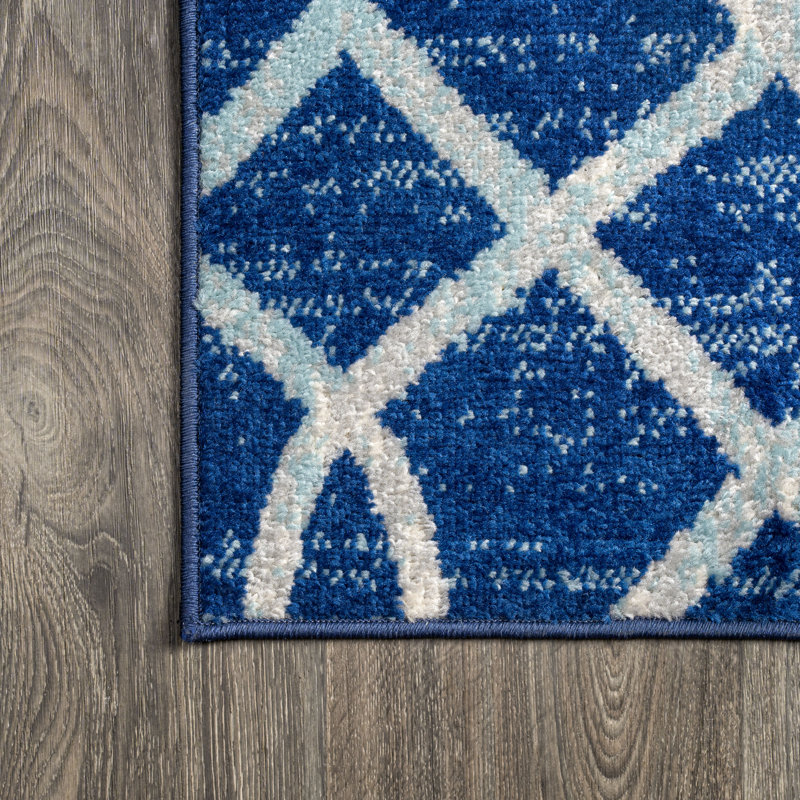 Tapis bleu / gris Oakden Ogee, Tapis de couloir 2 pi 3 po x 8 pi