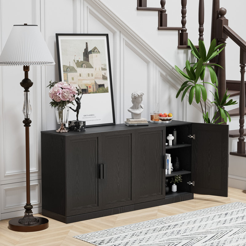 62"×31"×16" Wood Sideboard Cabinet with Adjustable Shelves, Black