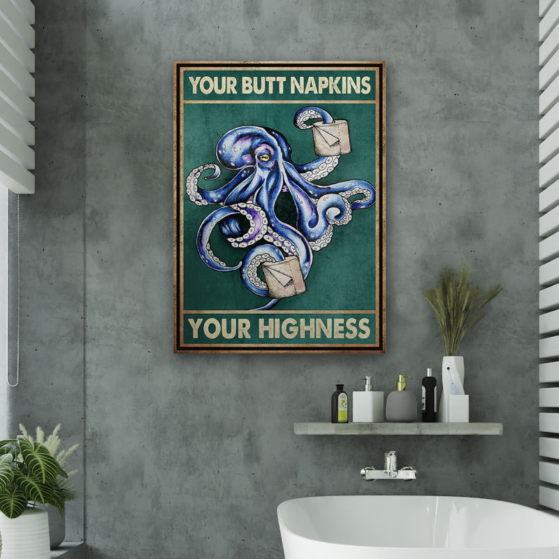 Pieuvre bleue - Your Napkins, Your Highness Gallery, toile tendue - décor d'illustrations animales pour le bain et la lessive, décor de salle de bain bleu et blanc