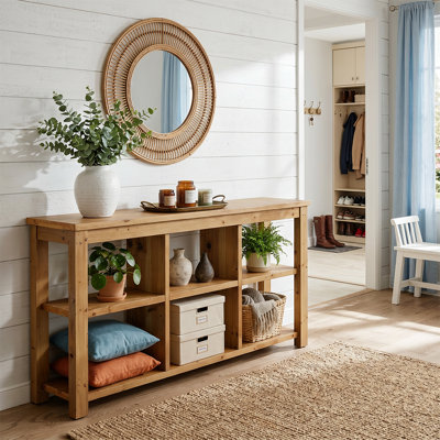 Rustic Long Console Table, 3 Adjustable Middle Shelves Wood Storage Table