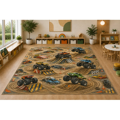 "Ultra Thin" 5' x 7' Monster Truck Racing Area Rug, Soft Low Pile Indoor Rug with Non-Slip Silicone Backing for Kids Room Playroom, Brown