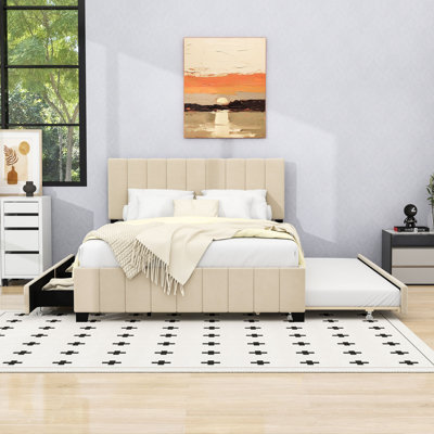 2 Drawers Upholstered Queen Platform Bed with Twin XL Trundle and Headboard by Ebern Designs